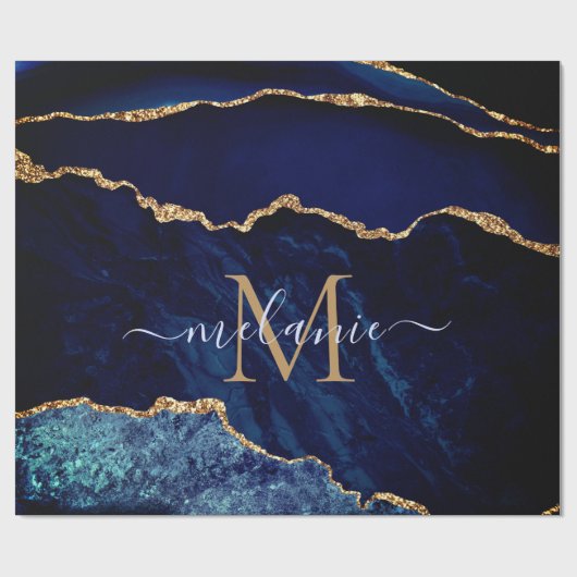 Blue Gold Glitzer Monogram Name Wrapping Paper Geschenkpapier (Flach)