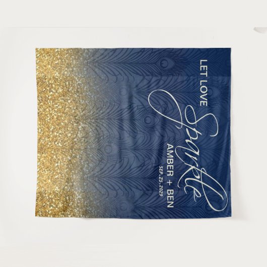 Blue & Gold Glitzer Peacock Wedding Custom Wandteppich (Vorderseite (Horizontal))