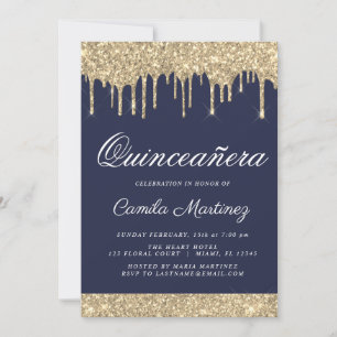 Blue Gold Glitzer Quinceñera Celebration Einladung