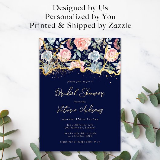 Blue Gold Glitzer Rose Blumenstrauß Brautparty Einladung