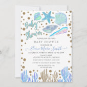 Blue Gold Glitzer Seashells Sea Beach Baby Dusche Einladung (Vorderseite)