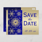 Blue, Gold Glitzer Snowflakes Rett Datum Postkarte (Vorne/Hinten)