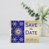 Blue, Gold Glitzer Snowflakes Rett Datum Postkarte (Stehend Vorderseite)