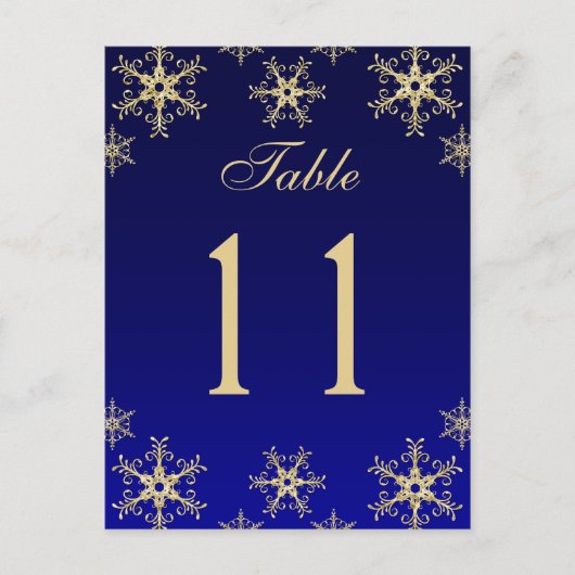 Blue, Gold Glitzer Snowflakes Tischnummer Card (Vorderseite)