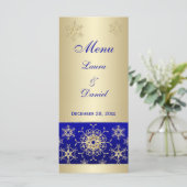 Blue, Gold Glitzer Snowflakes Wedelmenu Card Menükarte (Stehend Vorderseite)