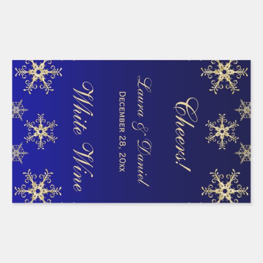 Blue, Gold Glitzer Snowflakes Weinetikett Rechteckiger Aufkleber (Vorderseite)