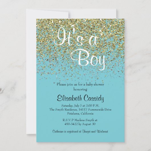Blue & Gold Glitzer Sprinkle Baby Dusche laden Einladung (Vorderseite)