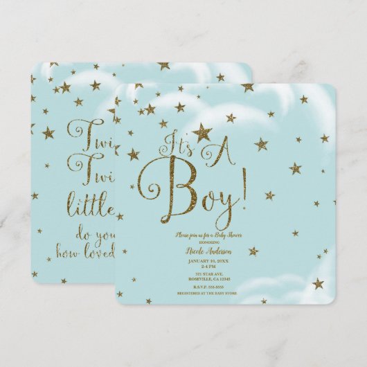 Blue & Gold Glitzer Stars Es ist eine Kinderdusche Einladung (Vorne/Hinten)