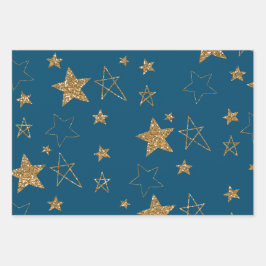 Blue Gold Glitzer Stars Geschenkpapier Set
