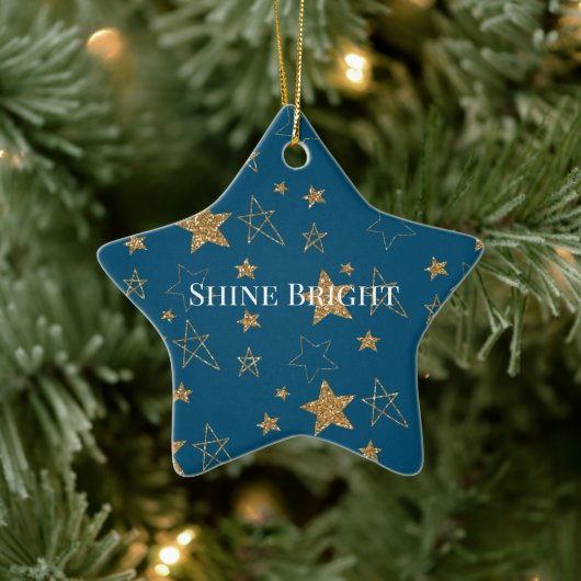 Blue Gold Glitzer Stars Keramik Ornament (Baum)