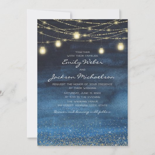 Blue Gold Glitzer String Light Lantern Wedding Einladung (Vorderseite)