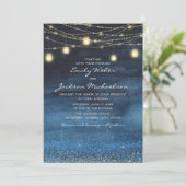 Blue Gold Glitzer String Light Lantern Wedding Einladung (Stehend Vorderseite)