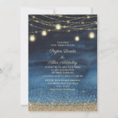Blue Gold Glitzer String Light Wedding Einladung (Vorderseite)