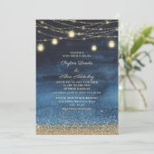 Blue Gold Glitzer String Light Wedding Einladung (Stehend Vorderseite)