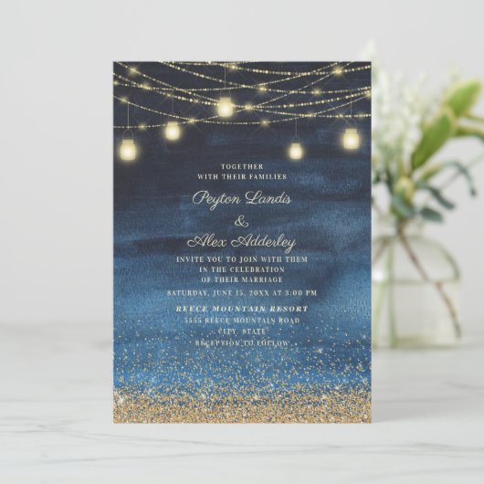 Blue Gold Glitzer String Light Wedding Einladung (Stehend Vorderseite)