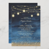 Blue Gold Glitzer String Light Wedding Einladung (Vorne/Hinten)