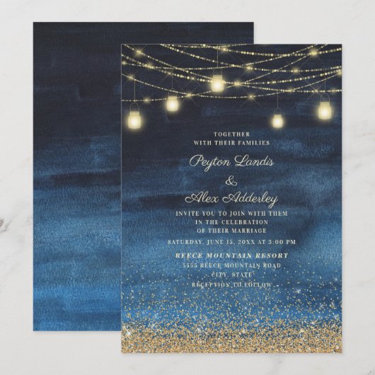 Blue Gold Glitzer String Light Wedding Einladung (Vorne/Hinten)