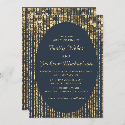 Blue Gold Glitzer String Light Wedding Einladung (Vorne/Hinten)
