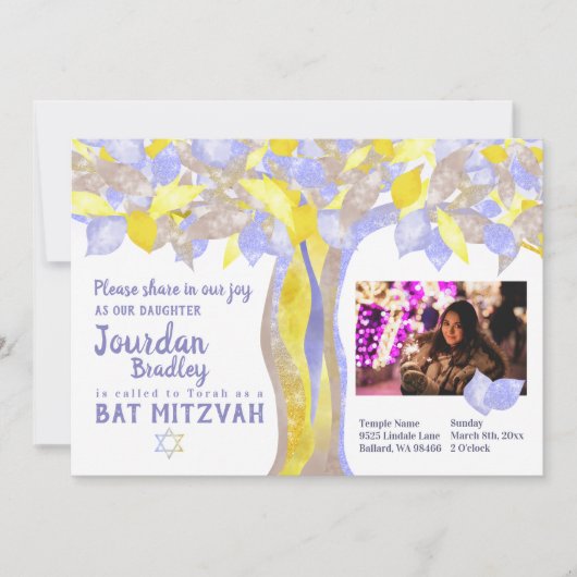 Blue & Gold Glitzer Tree of Life Bat Mitzvah Einladung (Vorderseite)