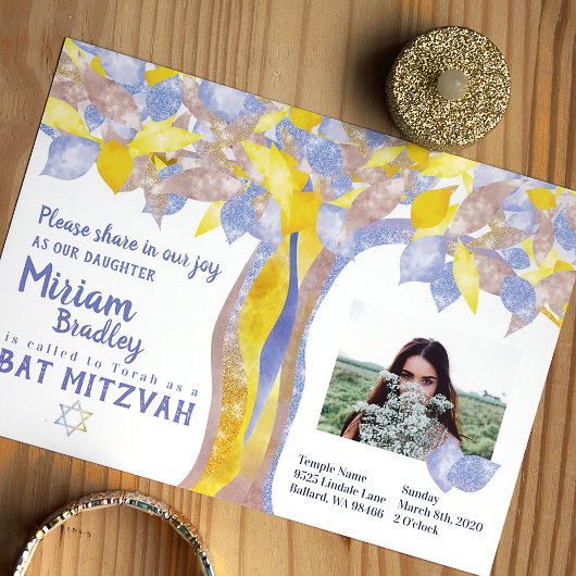 Blue & Gold Glitzer Tree of Life Bat Mitzvah Einladung