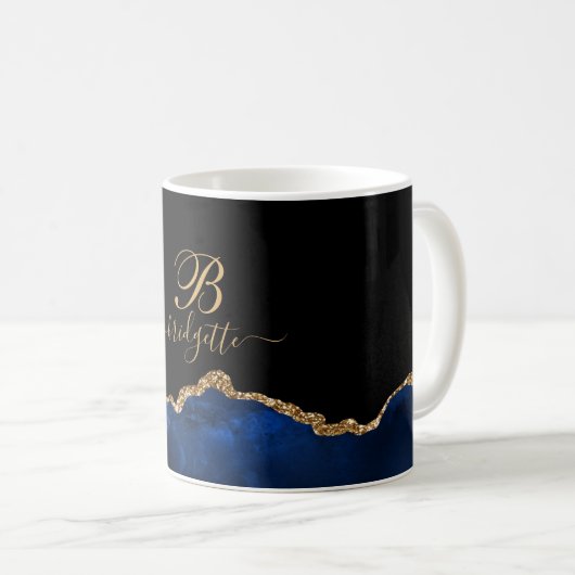 Blue Gold Glitzern Agate Geode Monogram Kaffeetasse (VorderseiteRechts)