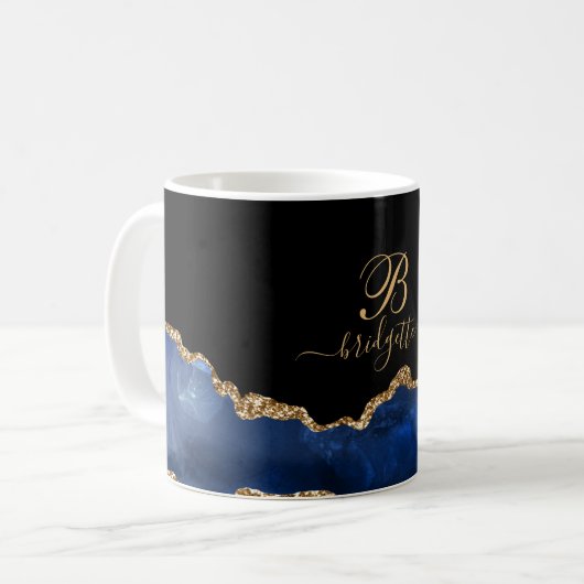 Blue Gold Glitzern Agate Geode Monogram Kaffeetasse (Vorderseite Links)