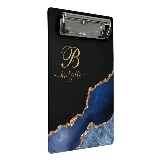 Blue Gold Glitzern Agate Geode Monogram Mini Klemmbrett (Schrägansicht)