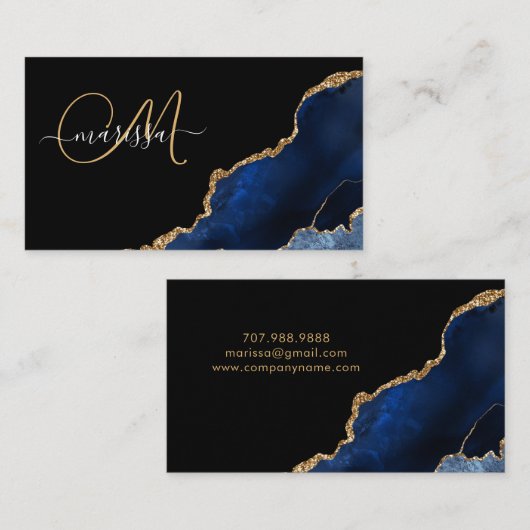 Blue Gold Glitzern Agate Geode Monogram Telefonnummerkarte (Vorne/Hinten)