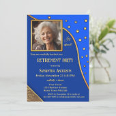 Blue Gold Glitzern Foto Retirement Partys Einladung (Stehend Vorderseite)