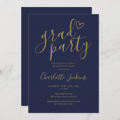 Blue Gold Grad Party Script Heart Graduation Party Einladung (Vorne/Hinten)