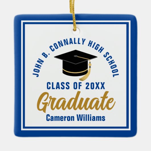 Blue Gold Graduate 2025 Personalisierte Weihnachte Keramikornament (Vorderseite)