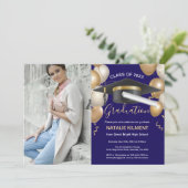 Blue Gold Graduate Cap Graduation Party Foto Einladung (Stehend Vorderseite)