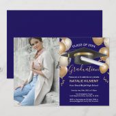 Blue Gold Graduate Cap Graduation Party Foto Einladung (Vorne/Hinten)