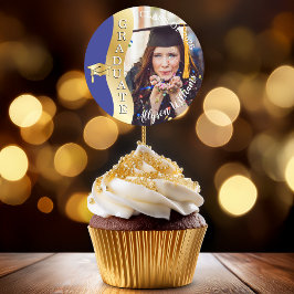 Blue | Gold Graduate Wave Grad Cap Photo Runder Aufkleber