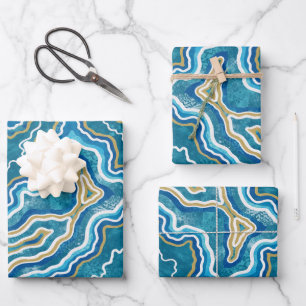 Blue Gold Graphic Agate Geschenkpapier Set