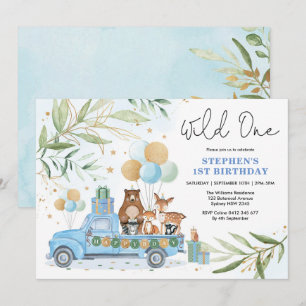 Blue Gold Greenery Woodland Wild 1. Geburtstag Einladung