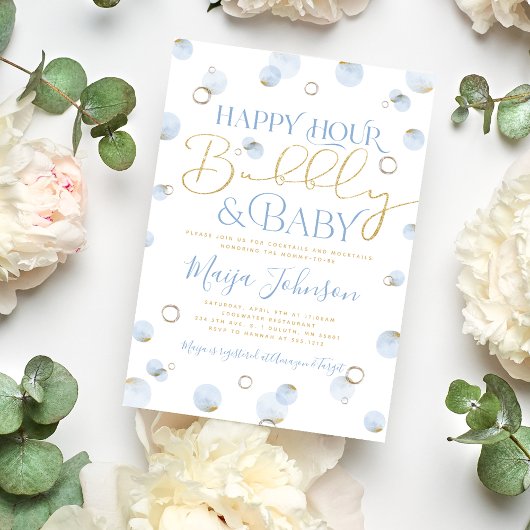 Blue Gold Happy Hour Bubbly und Baby Shower Einladung