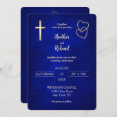 Blue Gold Hearts Christlich Cross Wedding Einladung (Vorne/Hinten)