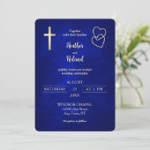 Blue Gold Hearts Christlich Cross Wedding Einladung (Stehend Vorderseite)