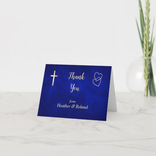 Blue Gold Hearts Christlich Cross Wedding Vielen D Dankeskarte (Vorderseite)