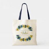 Blue Gold Herbst-Blume Wreath Monogram Tragetasche (Rückseite)
