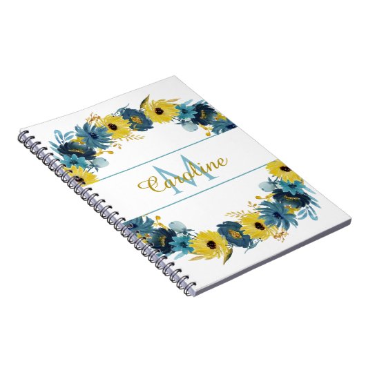 Blue Gold Herbst Floral Wreath Monogram Notizblock (Rechte Seite)