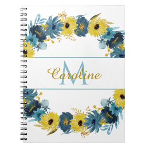 Blue Gold Herbst Floral Wreath Monogram Notizblock