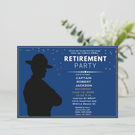 Blue Gold Highway Patrol Retirement Party Invita Einladung (Stehend Vorderseite)