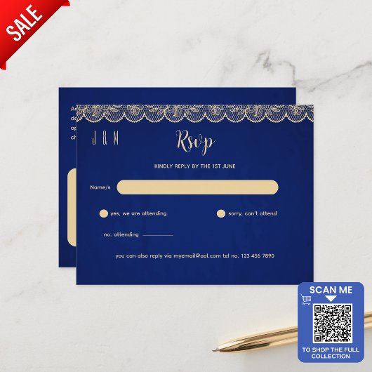 Blue Gold Hochzeit RSVP für passende Inv Postkarte
