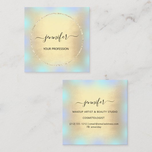 Blue Gold Holograph Beruflich Makeup Glitzer Quadratische Visitenkarte (Vorne/Hinten)