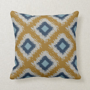 Blue Gold Ikat Muster Tribal Diamond Editierbar Kissen