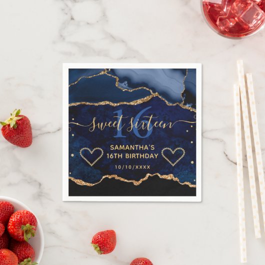 Blue & Gold Imitate Glitzer Agate Marble Sweet 16 Serviette (Beispiel)