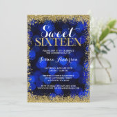 Blue Gold Imitate Glitzer Lights Sweet 16 Geburtst Einladung (Stehend Vorderseite)