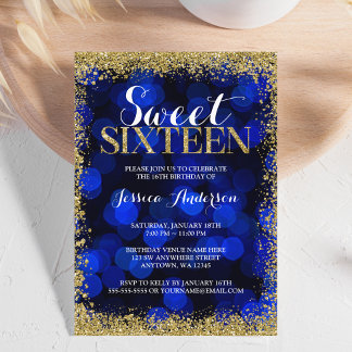 Blue Gold Imitate Glitzer Lights Sweet 16 Geburtst Einladung